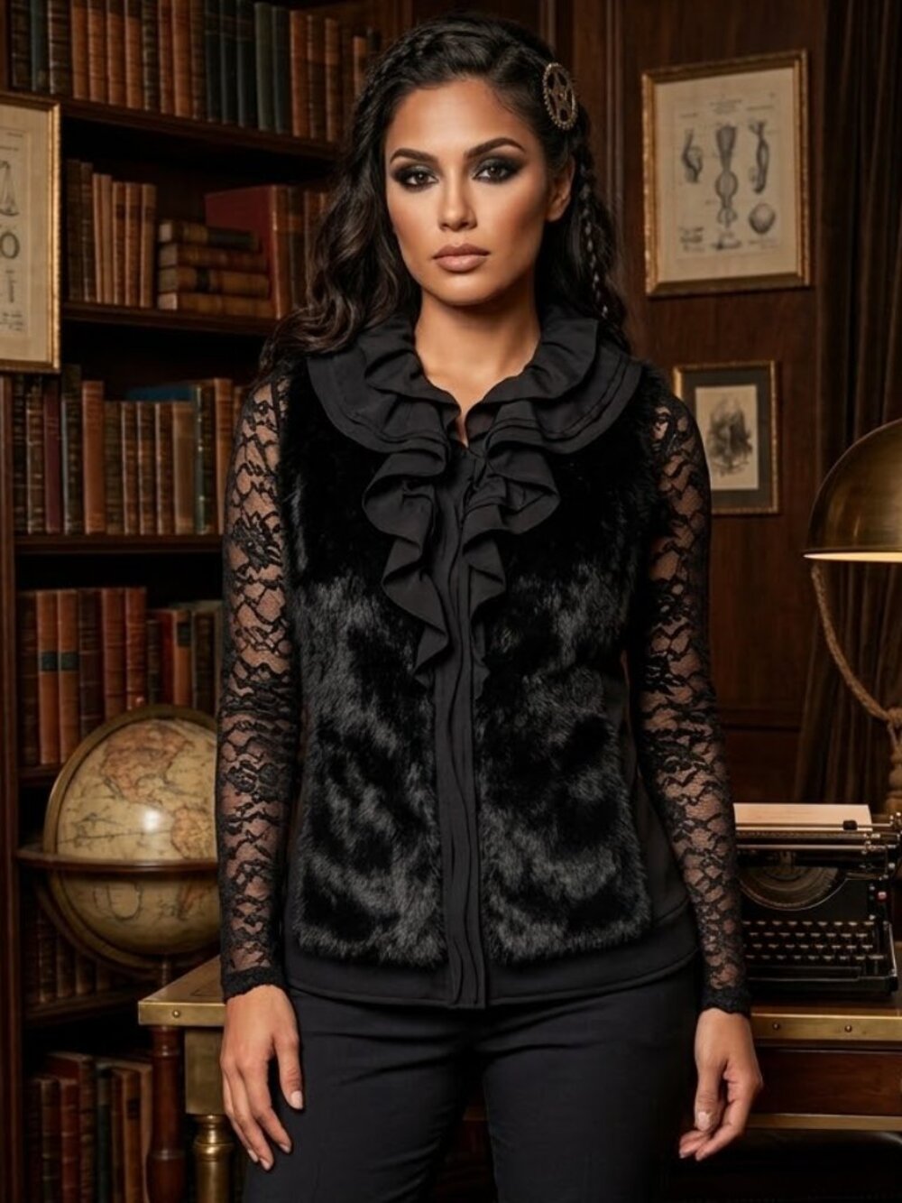Gothic/Steampunk Black Fur Ruffled Top/Vest